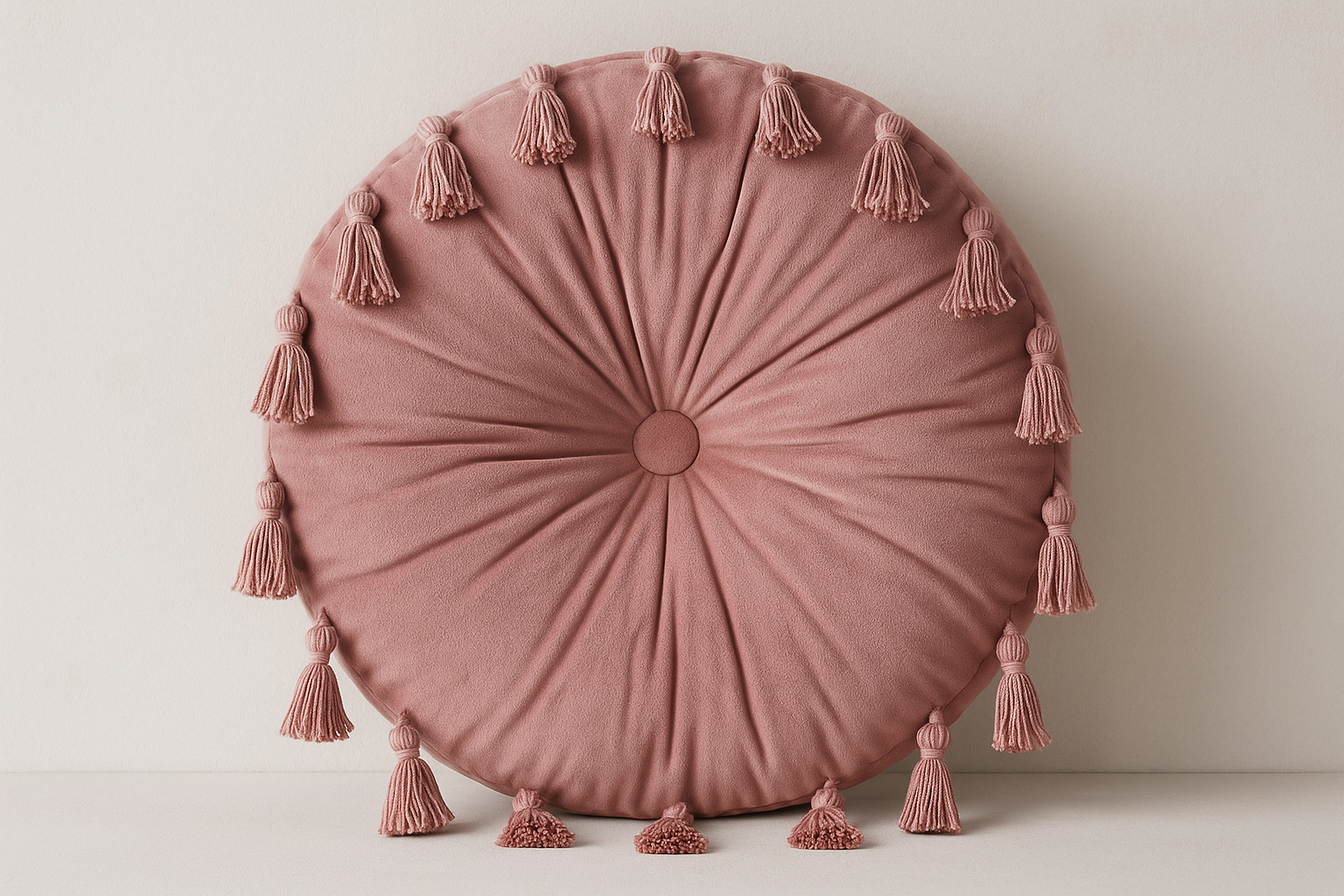 Almofada Redonda Rosa Seco com Franjas - Boho 40cm