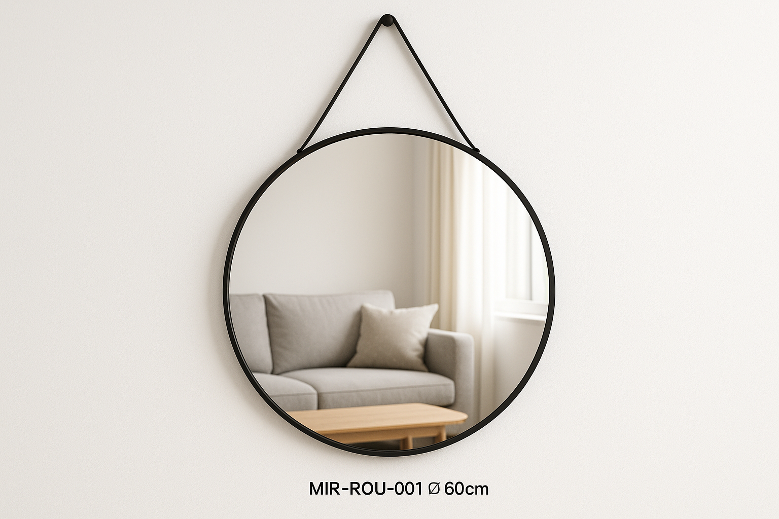 Espelho Decorativo Redondo 60cm Moldura Preta com Alça Couro